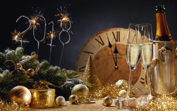 Golden New Year celebration with champagne, sparklers reading 2018, festive decor, and a clock approaching midnight. HD desktop wallpaper and background for the holiday.