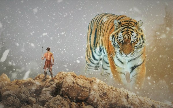 Fantasy Tiger Fantasy Animals Warrior Giant Winter Snowfall HD Wallpaper | Background Image