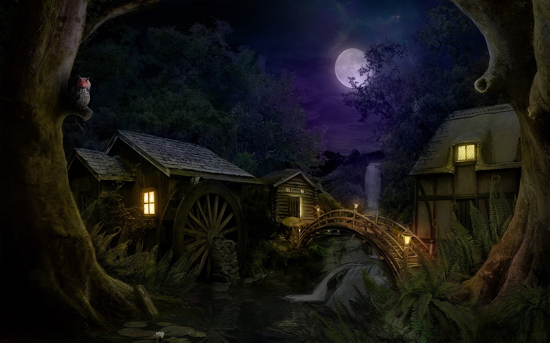 Watermill under the Moonlight: A serene scene of a watermill bathed in moonlight.