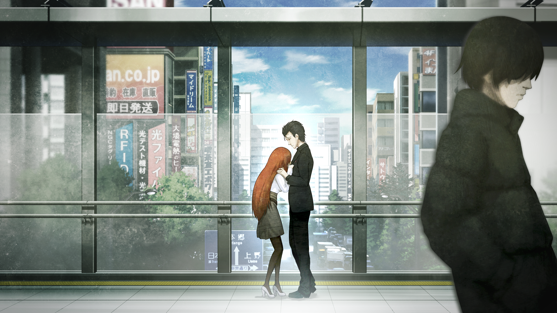 HD anime wallpaper featuring Kagari Shiina and Rintaro Okabe from Steins;Gate standing close in a cityscape viewed through large windows.
