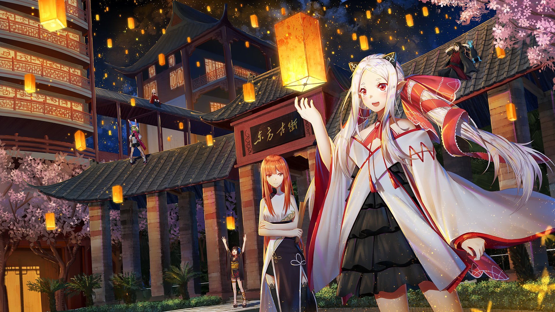 HD PC desktop wallpaper featuring characters from the video game Forever 7th Capital amid a vibrant night scene with glowing lanterns and traditional architecture.