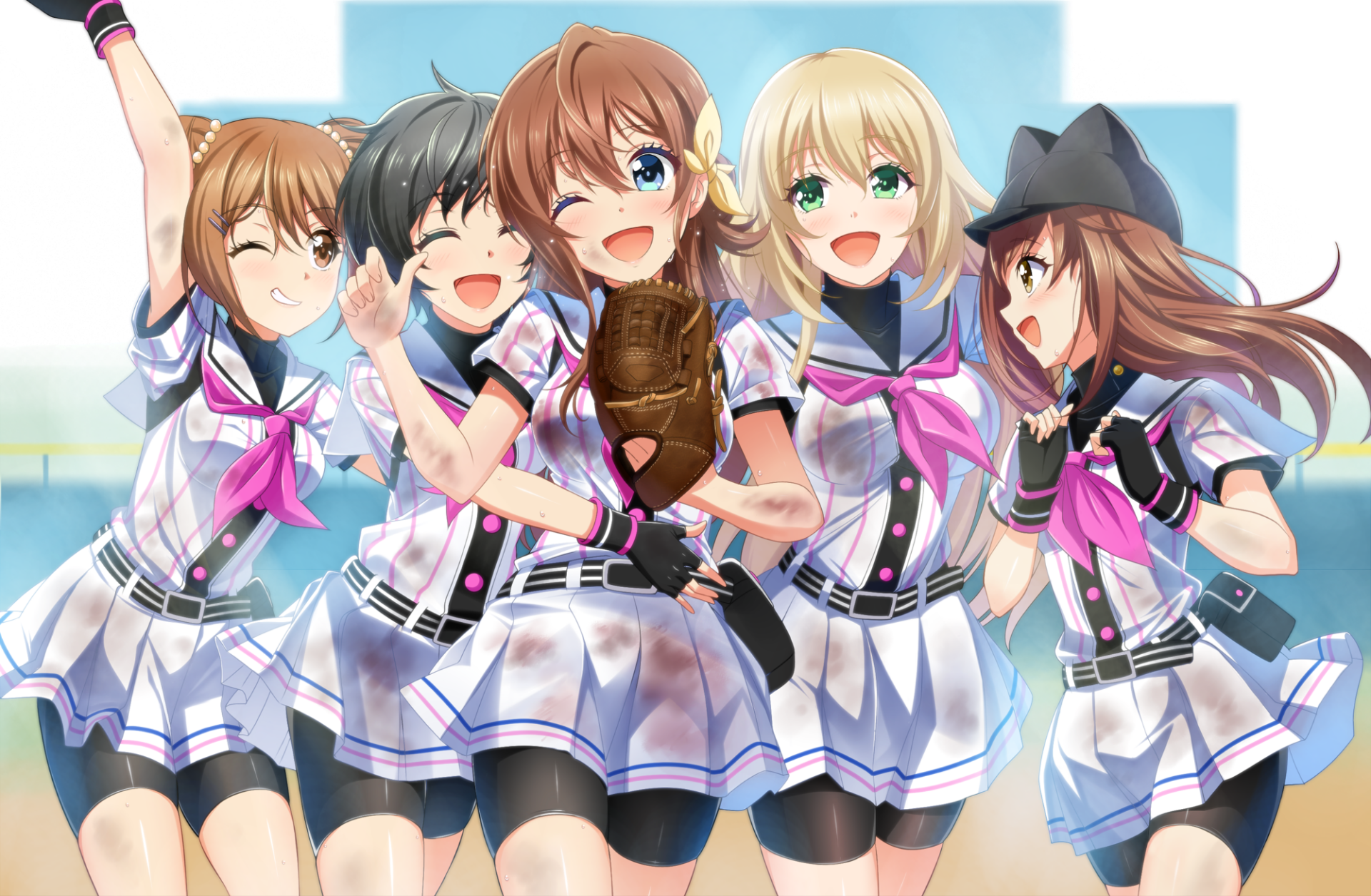 HD PC desktop wallpaper featuring five cheerful anime girls from The iDOLM@STER Cinderella Girls, dressed in matching sports uniforms with vibrant expressions.