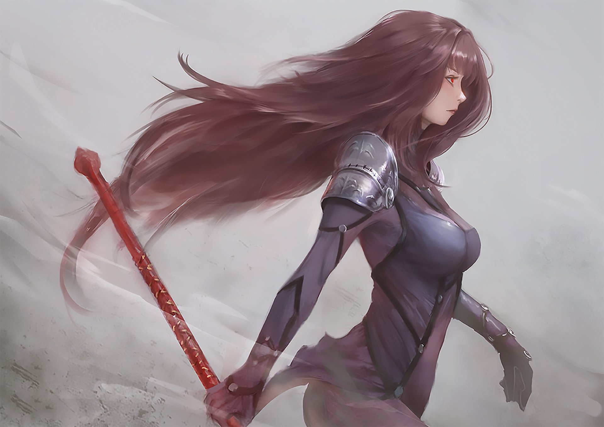 HD wallpaper featuring Scathach from Fate/Grand Order, depicted in an anime style with flowing hair and a red spear, against a misty background. Tags: Fate (Series), Anime, Fate/Grand Order.