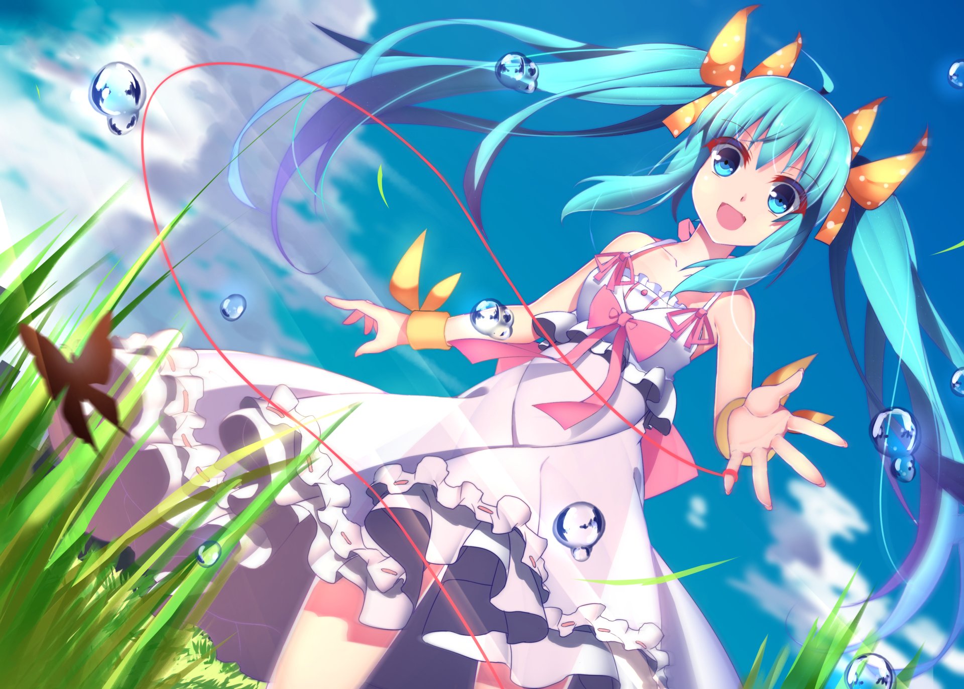 HD anime desktop wallpaper featuring Hatsune Miku from Vocaloid with bright blue hair, a white dress, and vibrant underwater bubbles and ribbons.