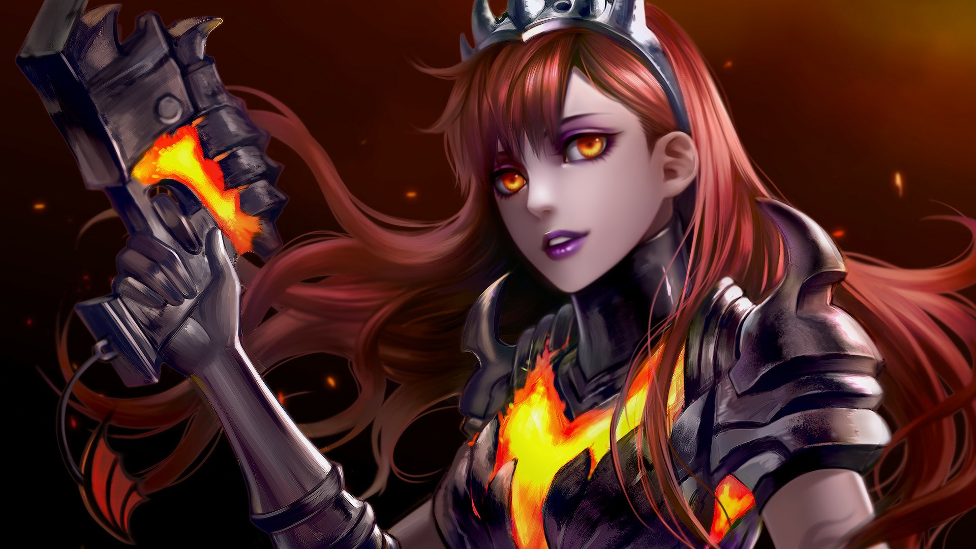 HD PC desktop wallpaper featuring D.Va from Overwatch in fiery armor with glowing eyes, holding a weapon against a dark, intense background.