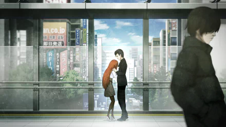 HD anime wallpaper featuring Kagari Shiina and Rintaro Okabe from Steins;Gate standing close in a cityscape viewed through large windows.