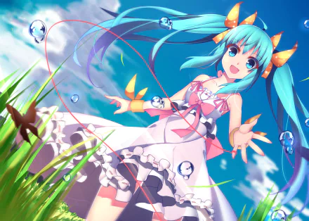 HD anime desktop wallpaper featuring Hatsune Miku from Vocaloid with bright blue hair, a white dress, and vibrant underwater bubbles and ribbons.