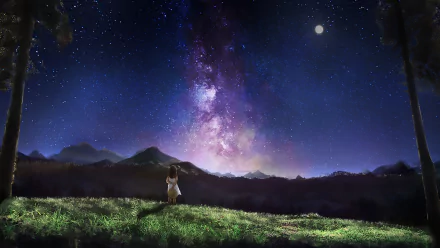 Anime-style night scene of a field and mountains under a vibrant galaxy and glowing moon, rendered in HD for a fantasy-themed PC desktop wallpaper.