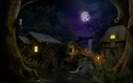 A high-definition fantasy forest wallpaper featuring a quaint watermill, a small bridge, and cottages illuminated by a full moon, creating a serene and magical nighttime scene.