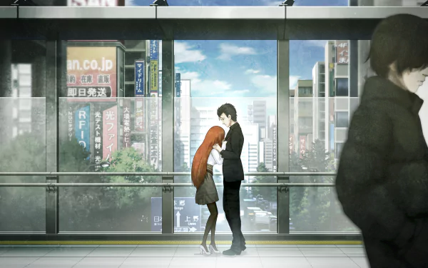 HD anime wallpaper featuring Kagari Shiina and Rintaro Okabe from Steins;Gate standing close in a cityscape viewed through large windows.