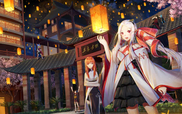 HD PC desktop wallpaper featuring characters from the video game Forever 7th Capital amid a vibrant night scene with glowing lanterns and traditional architecture.