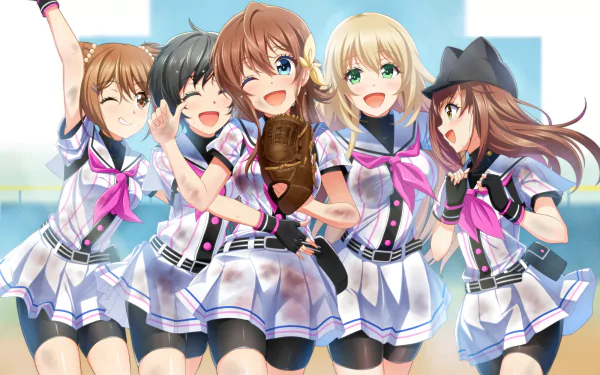HD PC desktop wallpaper featuring five cheerful anime girls from The iDOLM@STER Cinderella Girls, dressed in matching sports uniforms with vibrant expressions.