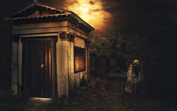 A dark, creepy HD desktop wallpaper featuring an eerie mausoleum with a ghostly figure by its side, illuminated by a haunting moonlit sky.