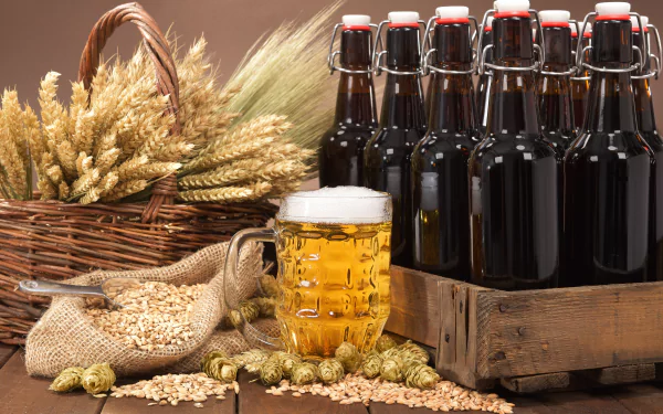 A still life 8K Ultra HD wallpaper featuring a glass of beer with foam, dark beer bottles, barley grains, hops, and a basket of wheat on a wooden surface.