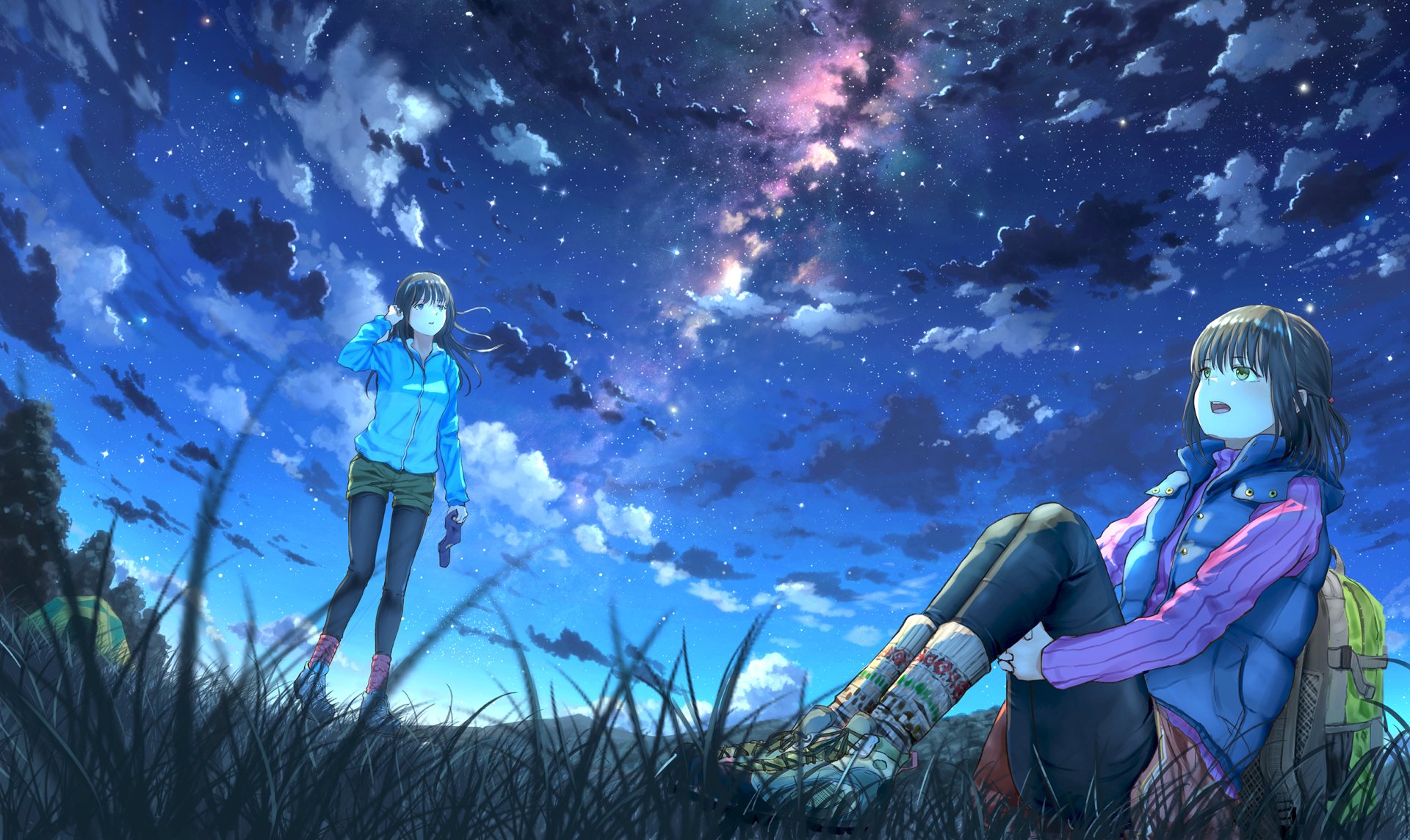 Anime original HD desktop wallpaper featuring two characters under a starry night sky, with one character sitting on the grass and the other standing, gazing at the stars.