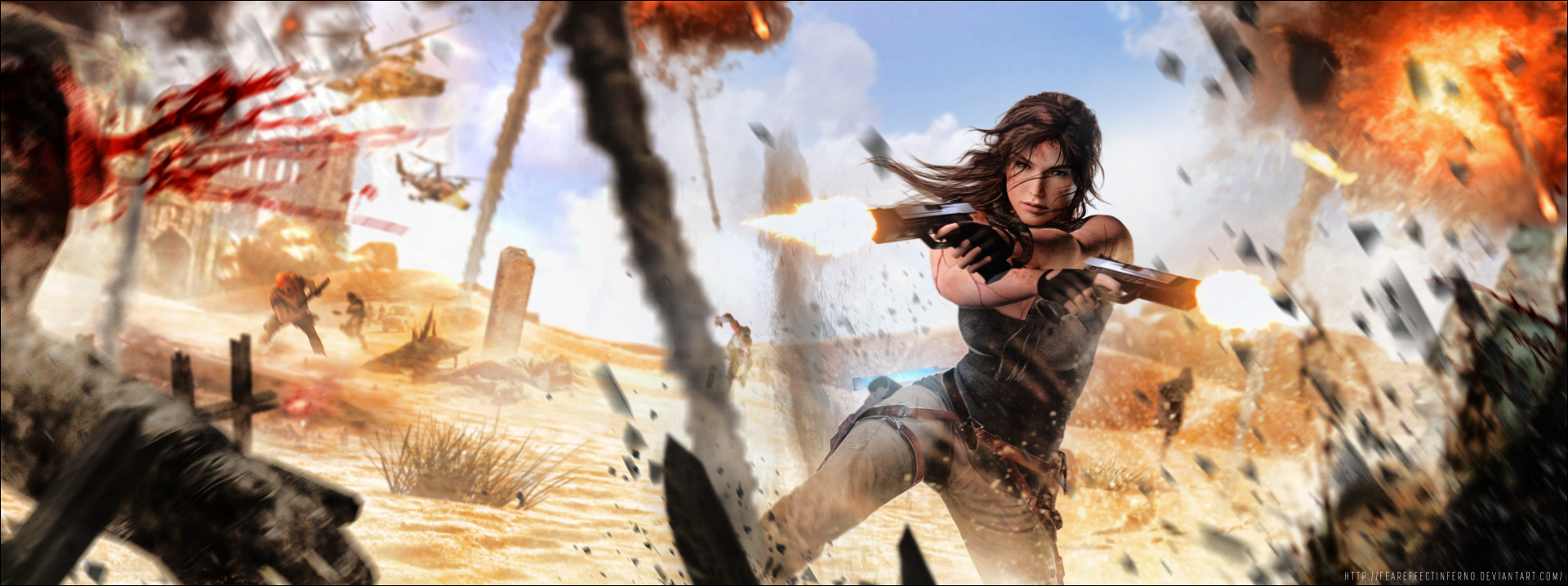 HD PC desktop wallpaper featuring Lara Croft from the 2013 Tomb Raider video game, depicted in action with a gun in a dynamic desert battle scene.