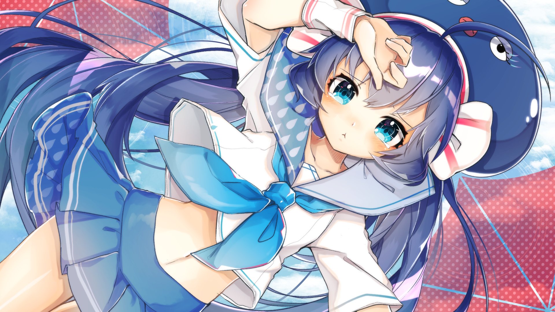HD PC desktop wallpaper/background of Una Otomachi (Vocaloid) — anime-style girl in a blue sailor outfit with a whale hoodie, bright teal eyes and flowing hair against a pink patterned backdrop.