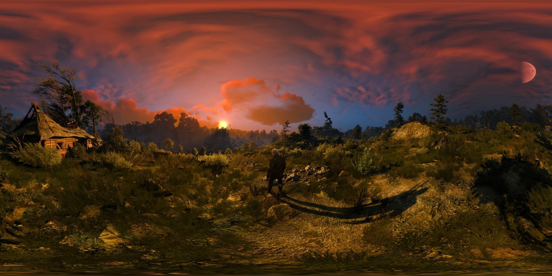 HD desktop wallpaper featuring Geralt of Rivia from The Witcher 3: Wild Hunt standing in a vast landscape under a dramatic red-orange sunset sky.