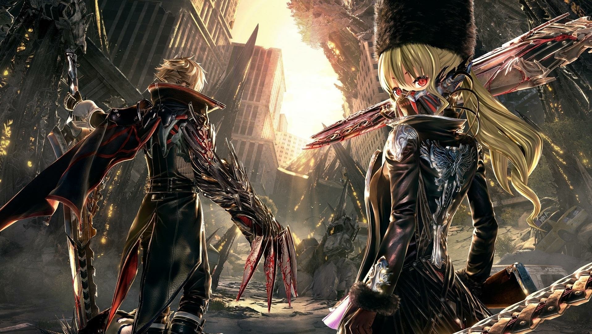 HD PC desktop wallpaper/background for the video game Code Vein: two masked revenants with bloodstained blades stand amid a sunlit, ruined urban cityscape.