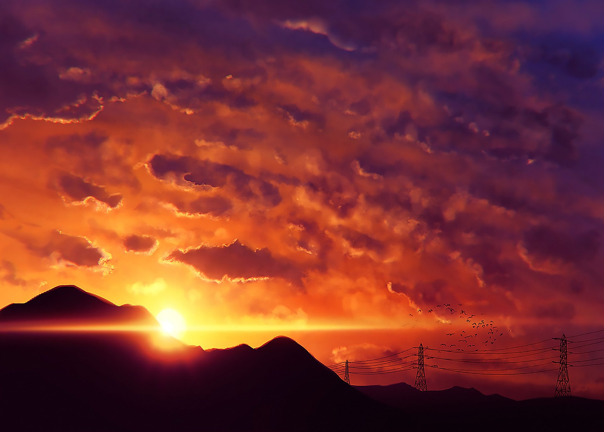 Original anime sunset HD PC desktop wallpaper: peaceful sky of glowing clouds, warm sunshine over silhouetted hills and distant power lines.