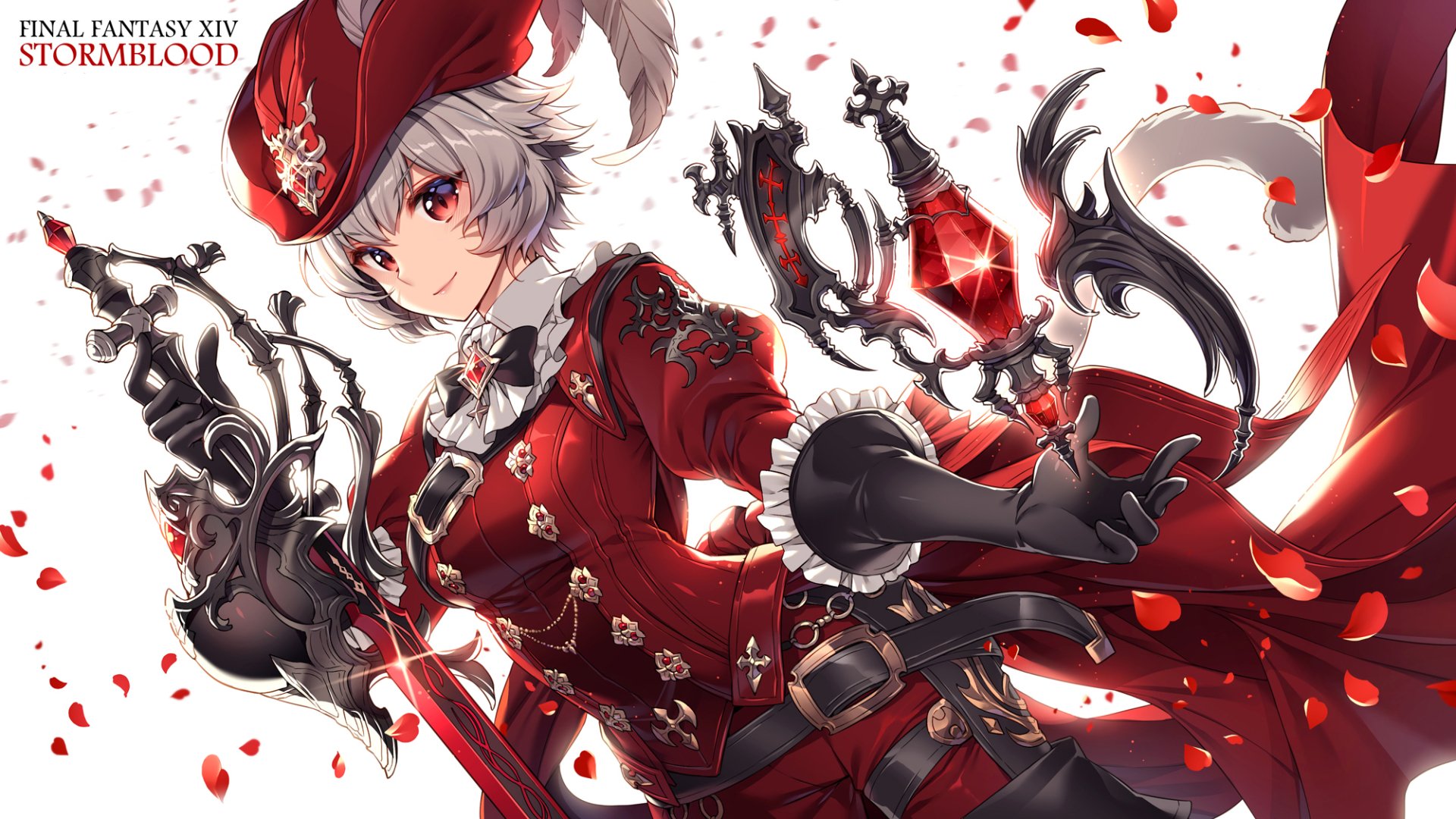 Final Fantasy XIV Miqo'te in ornate red gunslinger coat, white hair and red eyes, surrounded by black ornate weaponry and falling crimson petals — HD PC desktop wallpaper background (video game).