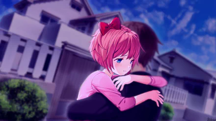 HD desktop wallpaper featuring Sayori from the video game Doki Doki Literature Club! being comforted by another character outside a house, set against a blue sky backdrop.