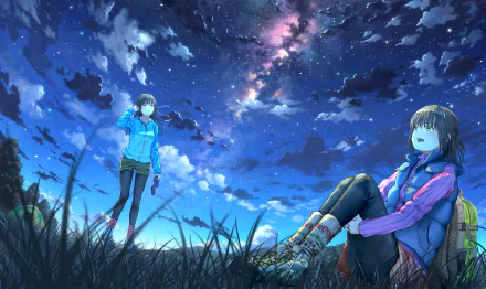 Anime original HD desktop wallpaper featuring two characters under a starry night sky, with one character sitting on the grass and the other standing, gazing at the stars.