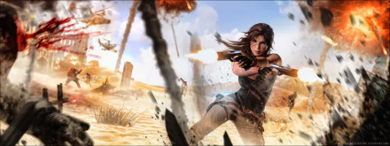HD PC desktop wallpaper featuring Lara Croft from the 2013 Tomb Raider video game, depicted in action with a gun in a dynamic desert battle scene.