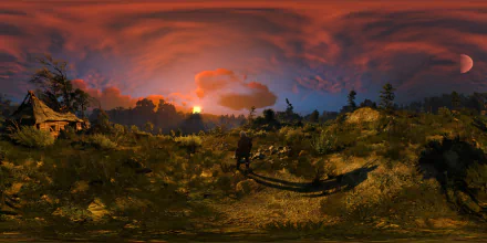 HD desktop wallpaper featuring Geralt of Rivia from The Witcher 3: Wild Hunt standing in a vast landscape under a dramatic red-orange sunset sky.