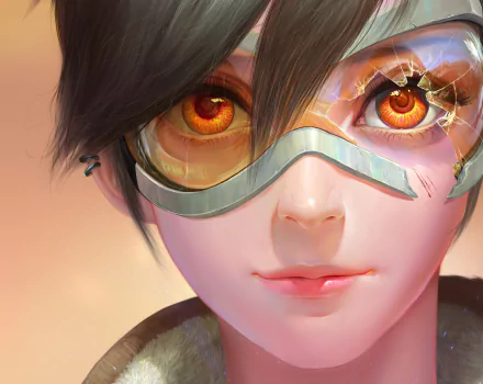 Close-up HD wallpaper of Tracer from Overwatch, featuring her short hair, striking orange eyes, and iconic face mask.