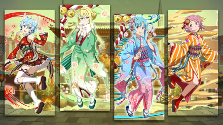 HD PC wallpaper featuring four Sword Art Online anime characters dressed in colorful kimonos, styled as a vibrant and detailed Sword Art Online: Memory Defrag background.