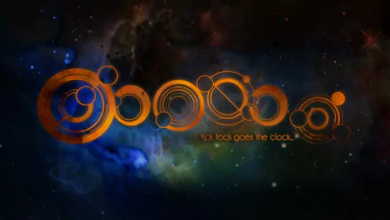HD desktop wallpaper featuring circular Gallifreyan script from the TV show Doctor Who (2005) set against a cosmic, star-filled background.