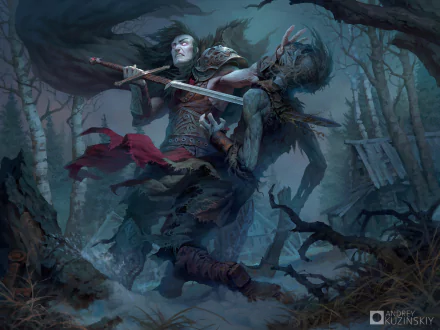 HD PC desktop wallpaper showing a dark undead warrior wielding a sword, engaged in battle within a gloomy, eerie forest setting.