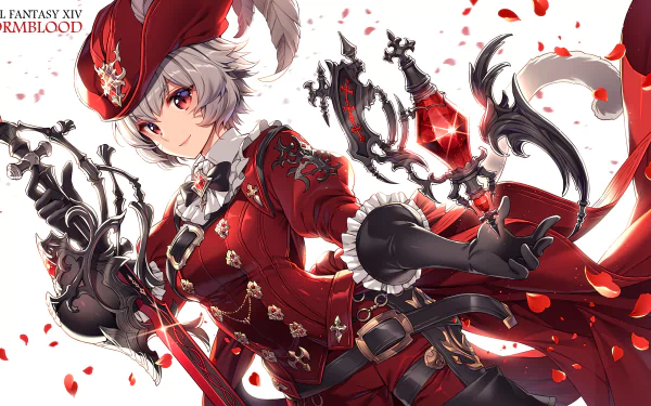 Final Fantasy XIV Miqo'te in ornate red gunslinger coat, white hair and red eyes, surrounded by black ornate weaponry and falling crimson petals — HD PC desktop wallpaper background (video game).
