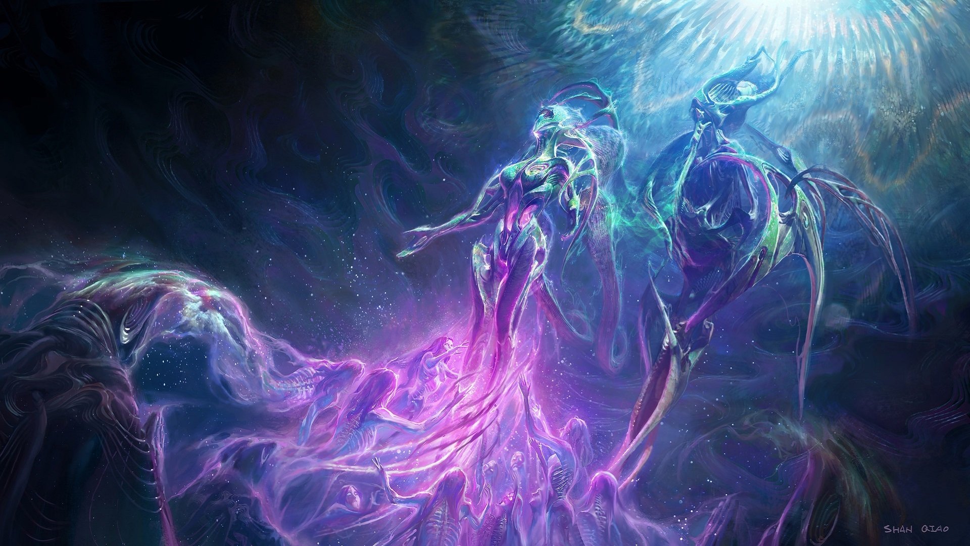 HD PC desktop wallpaper depicting a glowing, ethereal sci-fi creature floating in a cosmic space environment with vibrant light effects.