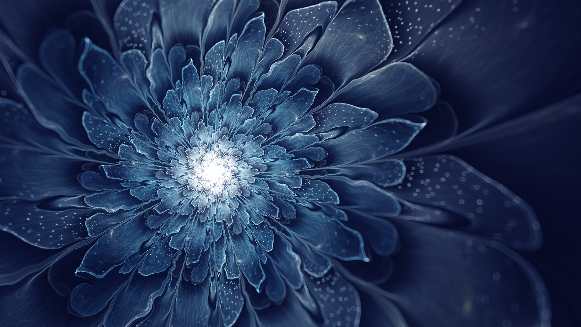 HD desktop wallpaper featuring an abstract fractal design of a blue flower with intricate petal details.