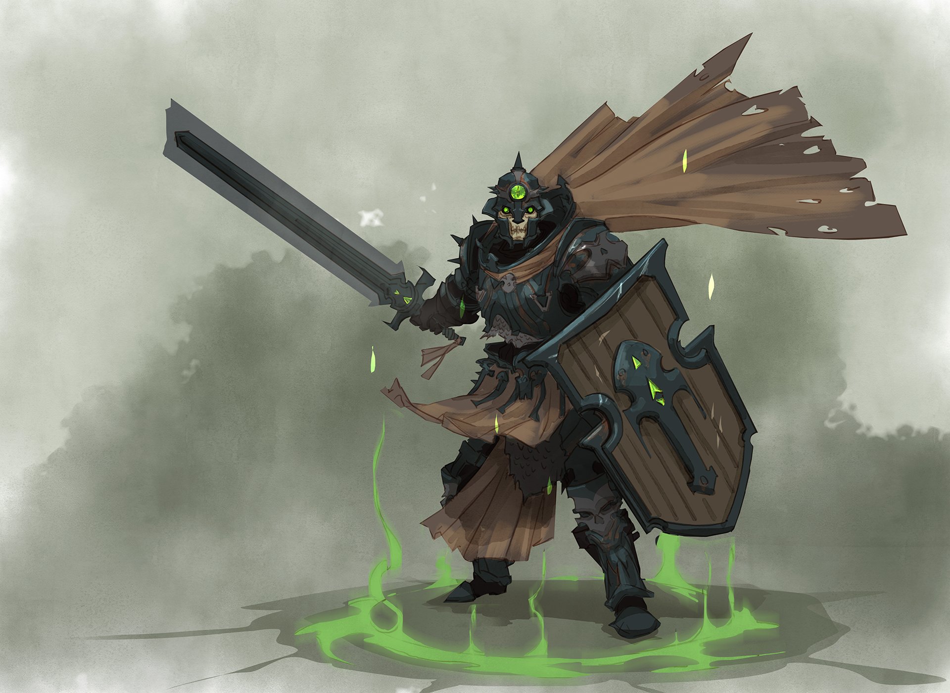 HD desktop wallpaper of a dark undead warrior, wielding a large sword and a wooden shield adorned with green glowing symbols, standing in a mystical foggy background.