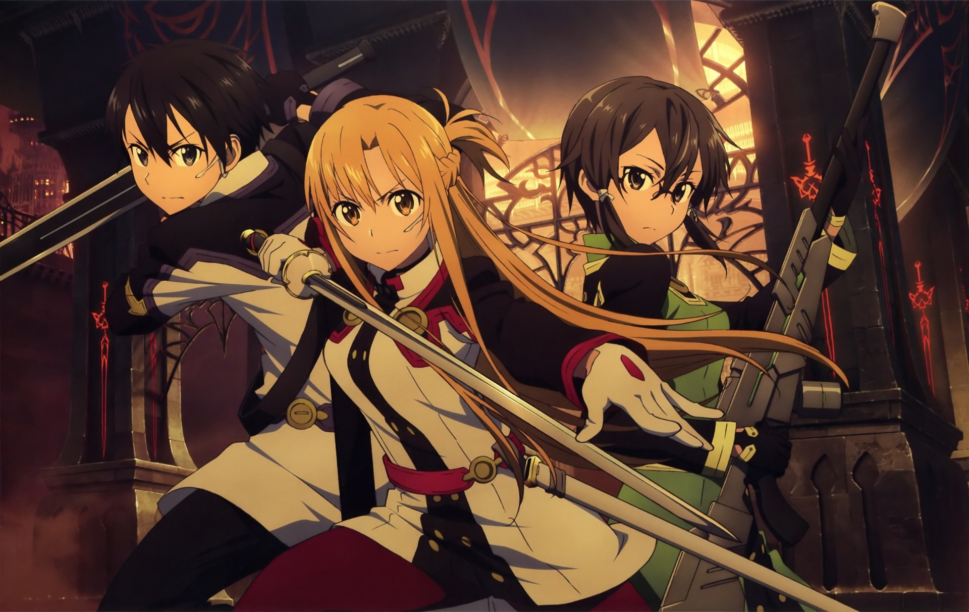 HD desktop wallpaper featuring Kirito, Asuna Yuuki, and Shino Asada from Sword Art Online Movie: Ordinal Scale in dynamic battle poses.