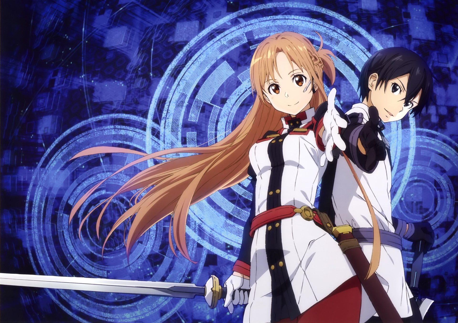 HD PC desktop wallpaper featuring Kazuto Kirigaya (Kirito) and Asuna Yuuki from Sword Art Online Movie: Ordinal Scale, depicted in anime style with dynamic blue background.