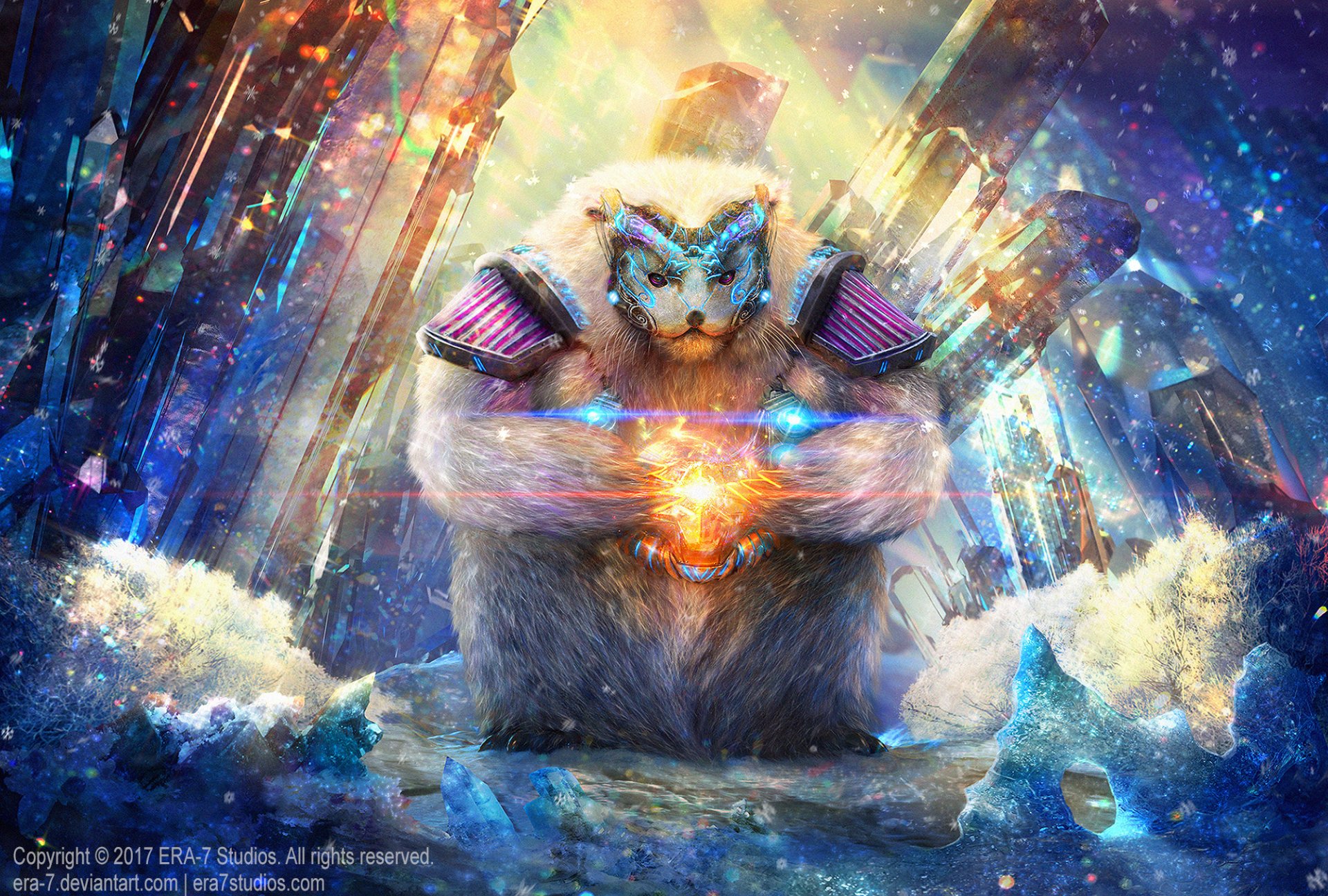 A magical bear with glowing blue eyes conjures energy between its paws, set against a vibrant, crystalline fantasy backdrop in this HD PC desktop wallpaper.