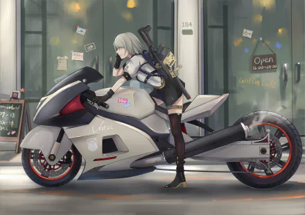 A stylish vector artwork from the video game Girls Frontline, featuring a character with a weapon on a sleek motorcycle, set against a vibrant urban backdrop. HD PC desktop wallpaper.