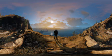 HD PC desktop wallpaper featuring Geralt of Rivia from The Witcher 3: Wild Hunt standing on a rugged cliffside at sunset with a vast landscape in the background.