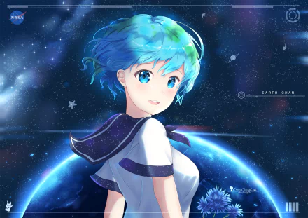 An HD desktop wallpaper featuring the anime character Earth-Chan with blue hair and blue eyes, set against a cosmic background with Earth in the distance.