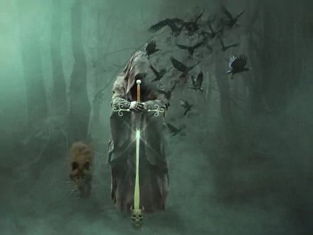 A dark fantasy HD desktop wallpaper featuring a hooded figure wielding a glowing sword, surrounded by crows and a wolf in a misty forest setting.
