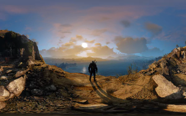 HD PC desktop wallpaper featuring Geralt of Rivia from The Witcher 3: Wild Hunt standing on a rugged cliffside at sunset with a vast landscape in the background.