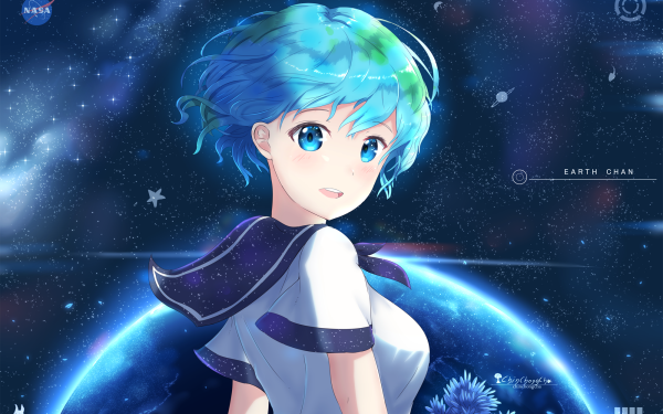 Anime Earth-Chan Short Hair Blue Eyes Blue Hair HD Wallpaper | Background Image