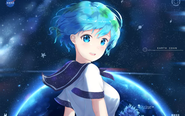 An HD desktop wallpaper featuring the anime character Earth-Chan with blue hair and blue eyes, set against a cosmic background with Earth in the distance.