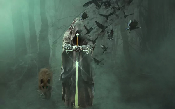 A dark fantasy HD desktop wallpaper featuring a hooded figure wielding a glowing sword, surrounded by crows and a wolf in a misty forest setting.
