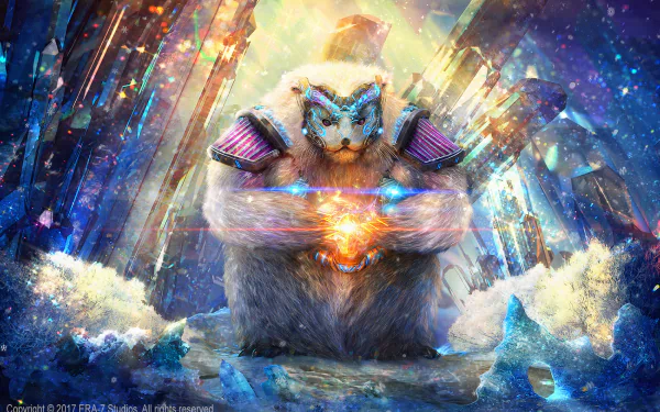 A magical bear with glowing blue eyes conjures energy between its paws, set against a vibrant, crystalline fantasy backdrop in this HD PC desktop wallpaper.
