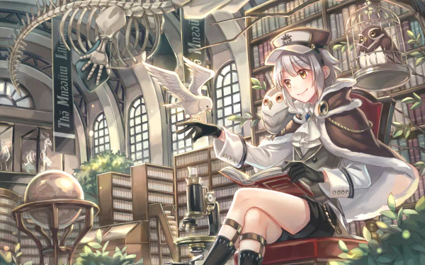 HD desktop wallpaper of an anime character with white hair, seated in a grand library. They’re holding a book, accompanied by a dove and an owl, with detailed bookshelves and a large skeleton in the background.